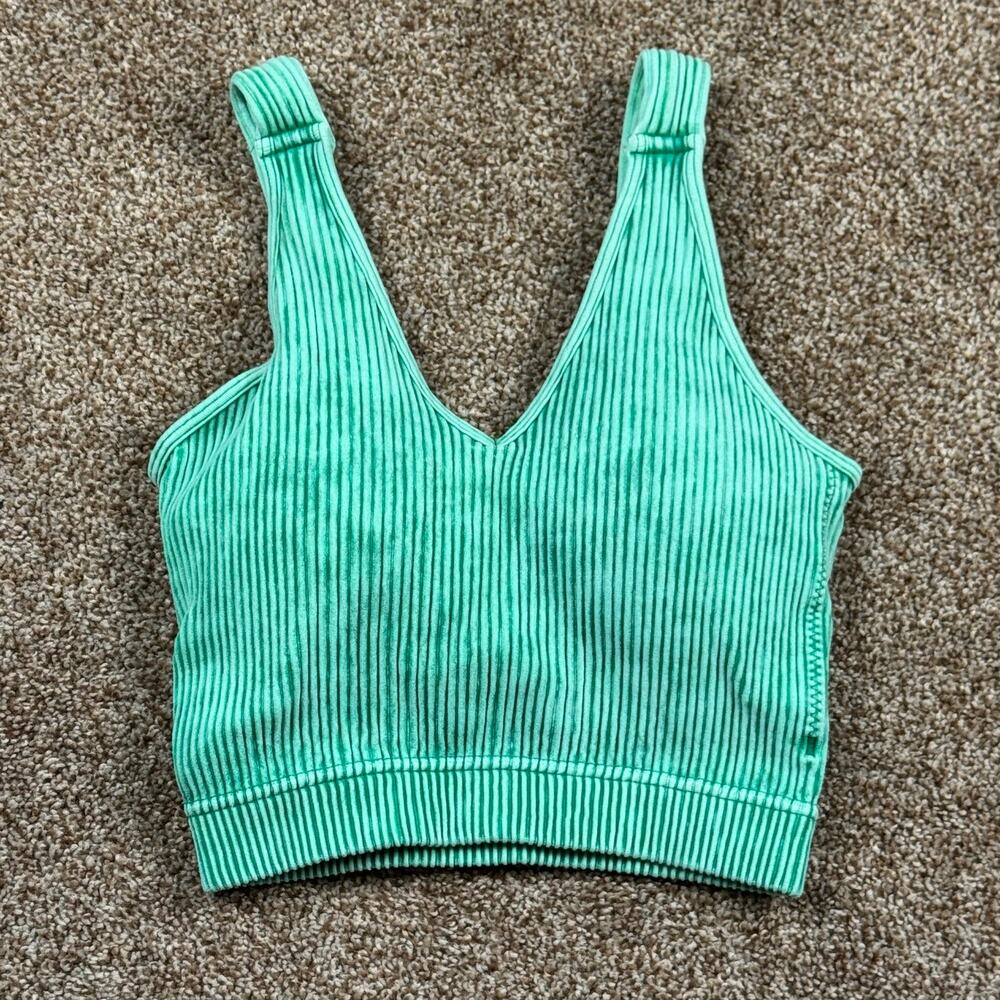Zenana Brami Kelly Green V Neck Ribbed Mineral Wash Cropped S/M NWOT Padded